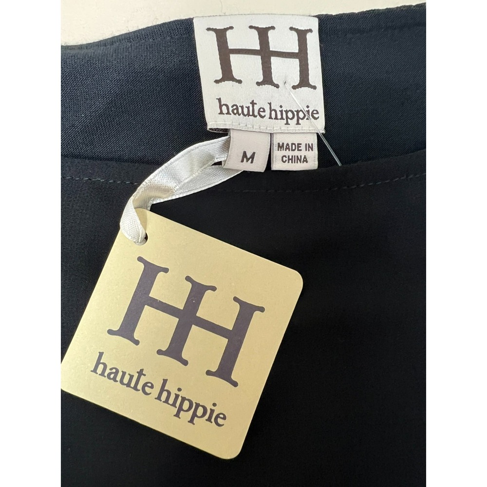 NWT Haute Hippie Asymmetric Hem Top Black Tee w/ Sheer Overlay SZ M - Picture 7 of 12